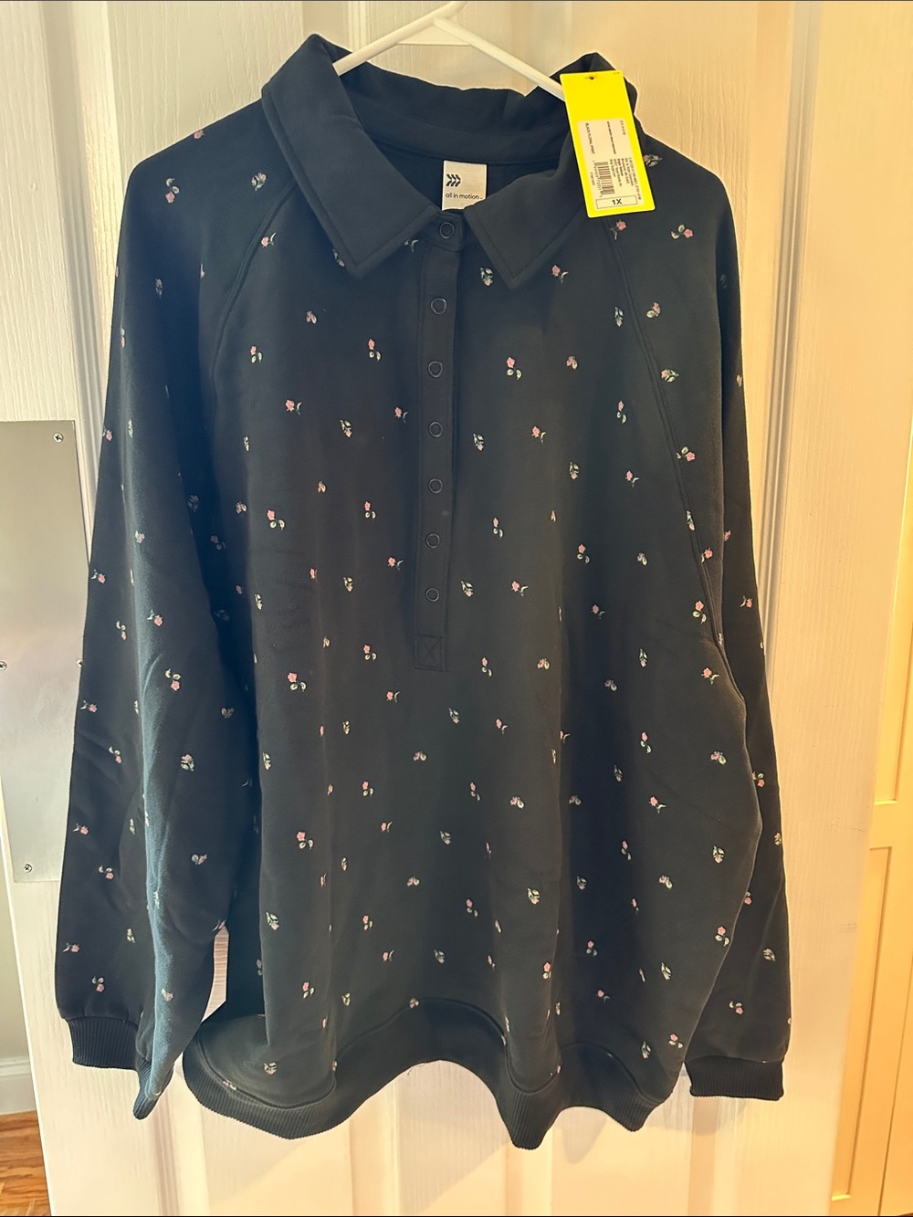all in motion Black Polo Sweatshirt with Pink and White Floral Dots